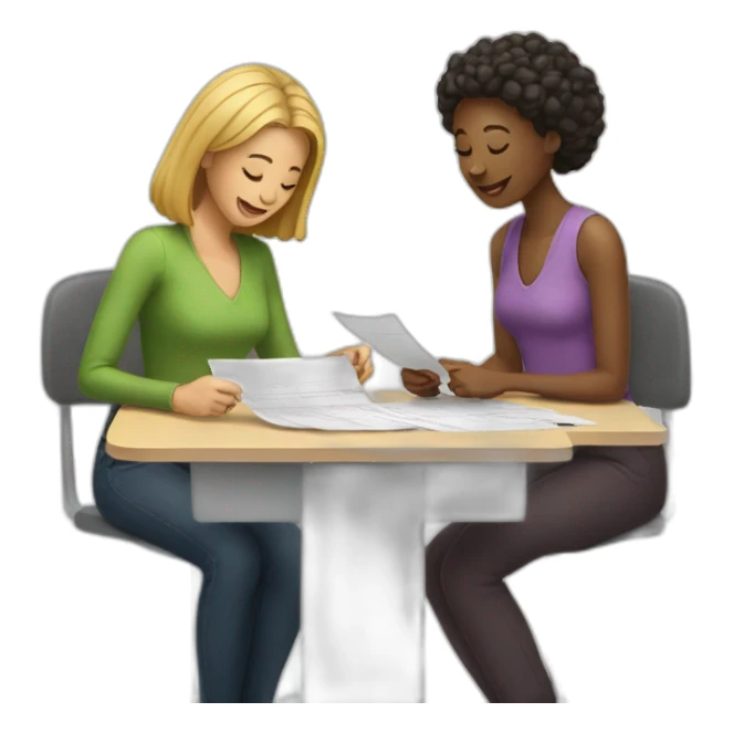 two women filling paperwork sticker