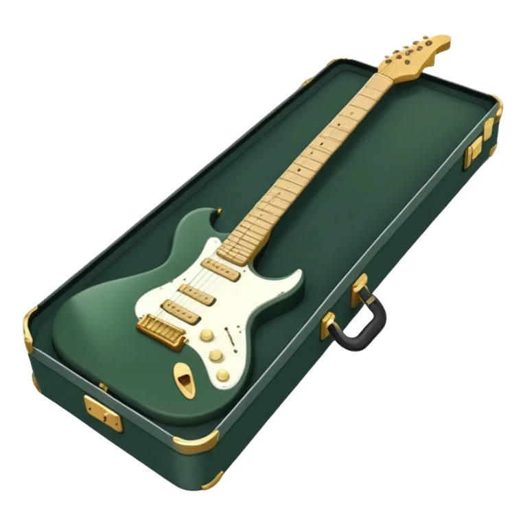 minimalist electric guitar in dark green, closed inside a black rectangular hard case with gold latches, soft matte textures, simplified details, alternate angle sticker