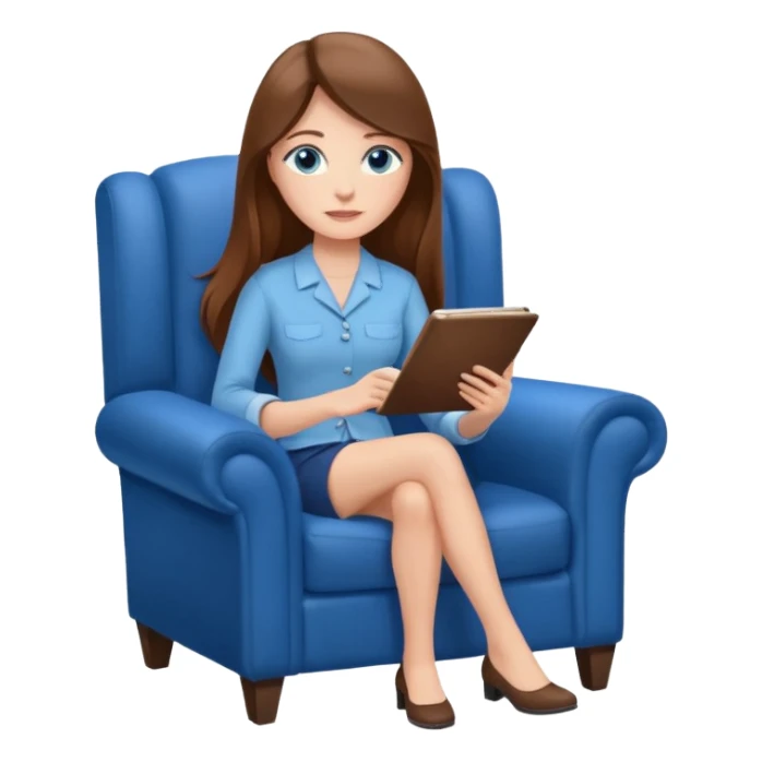 Девушка - психолог с длинными коричневыми светлыми волосами, с голубыми волосами, сидит в кресле и делает запись на бланке sticker