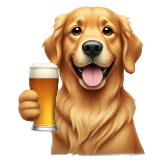 Red golden retriever holding a beer sticker