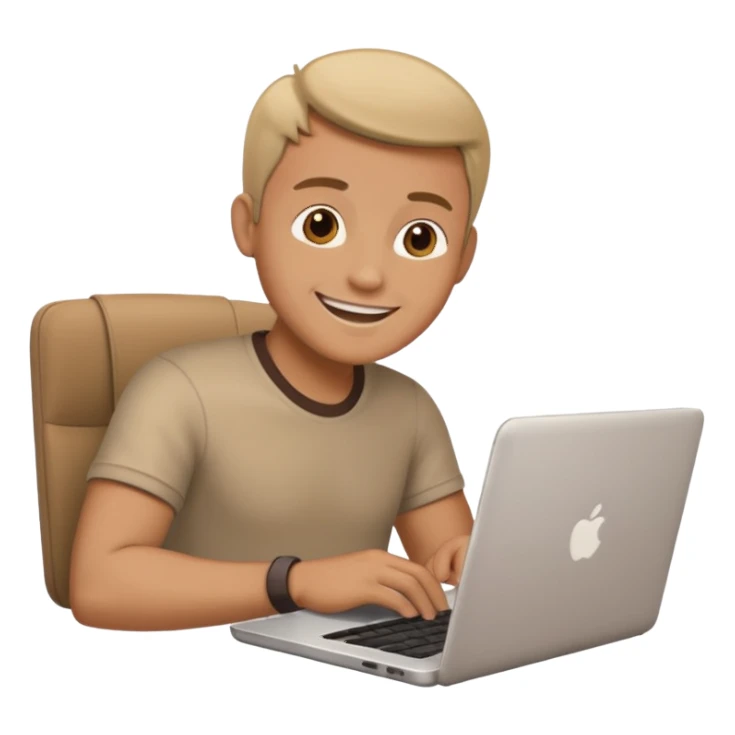 man looking at laptop and writing and smiling sticker