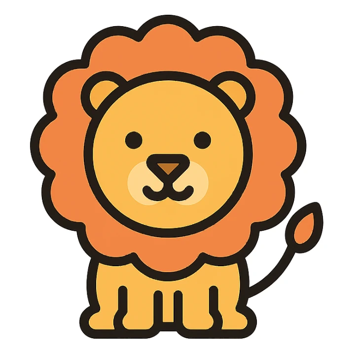 Create a cute lion with a round face, big mane, and friendly expression in lineal color icon style with simple color fills and black outlines. Use a transparent background. sticker