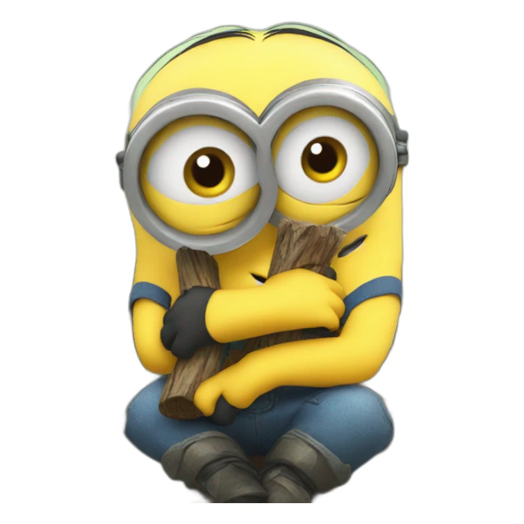 minion cute sitting on a bench and hugging a log sticker