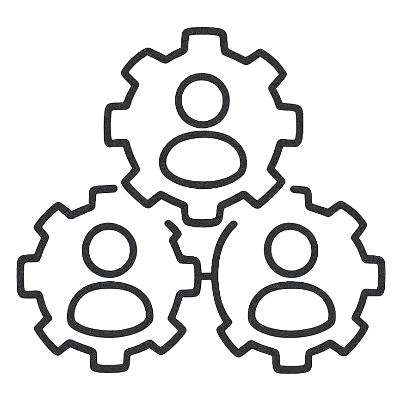 Google Material Design icon for 'Unity / Community' showing simple connected people icons, network symbol, or interlocking gears sticker
