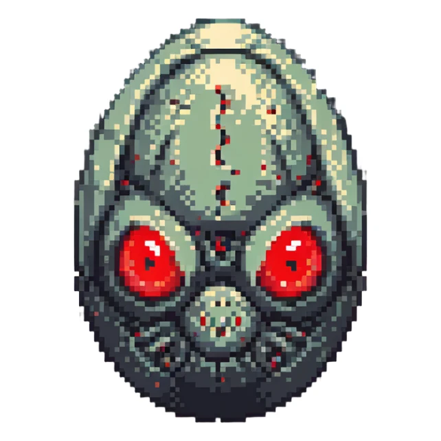 a strange transparent alien egg with a visible creature inside, embryonic, fetal shape creature, 3 glowing red eyes, illuminated from above sticker