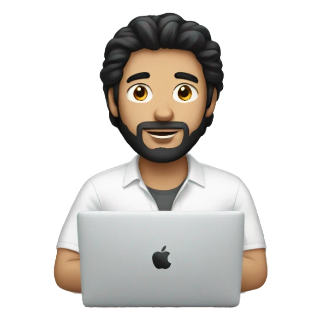 white man with black hair working macbook sticker