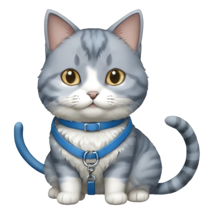 gray and white cat on a blue leash sticker