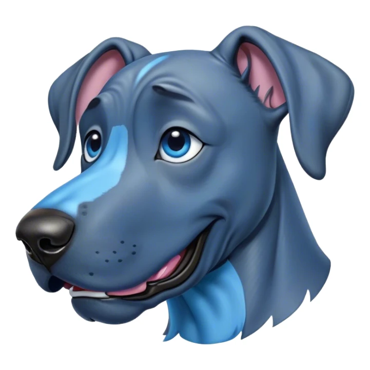 Cinematic Comical Blue Great Dane Portrait Emoji, Head tilted dramatically with an exaggeratedly amused expression, featuring a striking blue Fur with a glossy finish, wide, expressive steel-blue eyes filled with playful disbelief, Simplified yet hilariously expressive features, highly detailed, glowing with a slightly sassy glow, high shine, dramatic yet playful, stylized with an air of cheeky charm, bright and endearing, soft glowing outline, capturing the essence of a spirited and over-the-top guardian, so meme-worthy it feels like it could side-eye its way into internet fame instantly! sticker