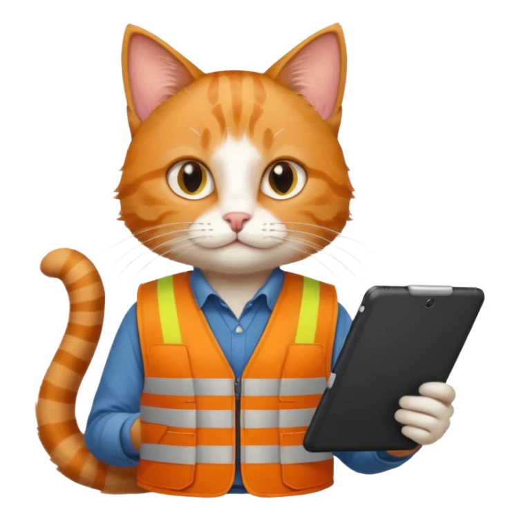 worker cat wearing orange west holding a tablet sticker