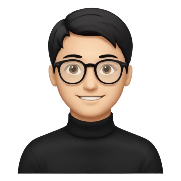 Создай эмодзи, мужчина, 26 лет, стрижка side-part, чёрные волосы, карие глаза, чёрный свитер-гольф, смуглый цвет кожи, очки, улыбается sticker