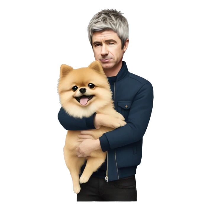 noel gallagher hugging pomeranian dog sticker
