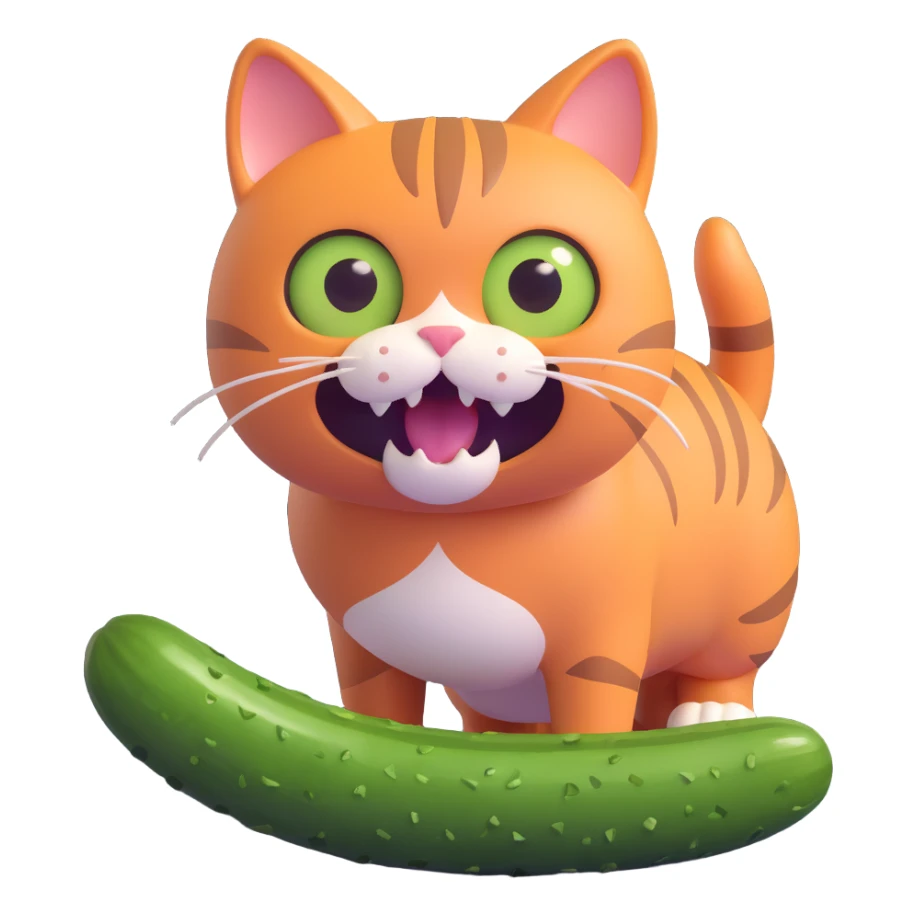 a scared cat next to a cucumber sticker