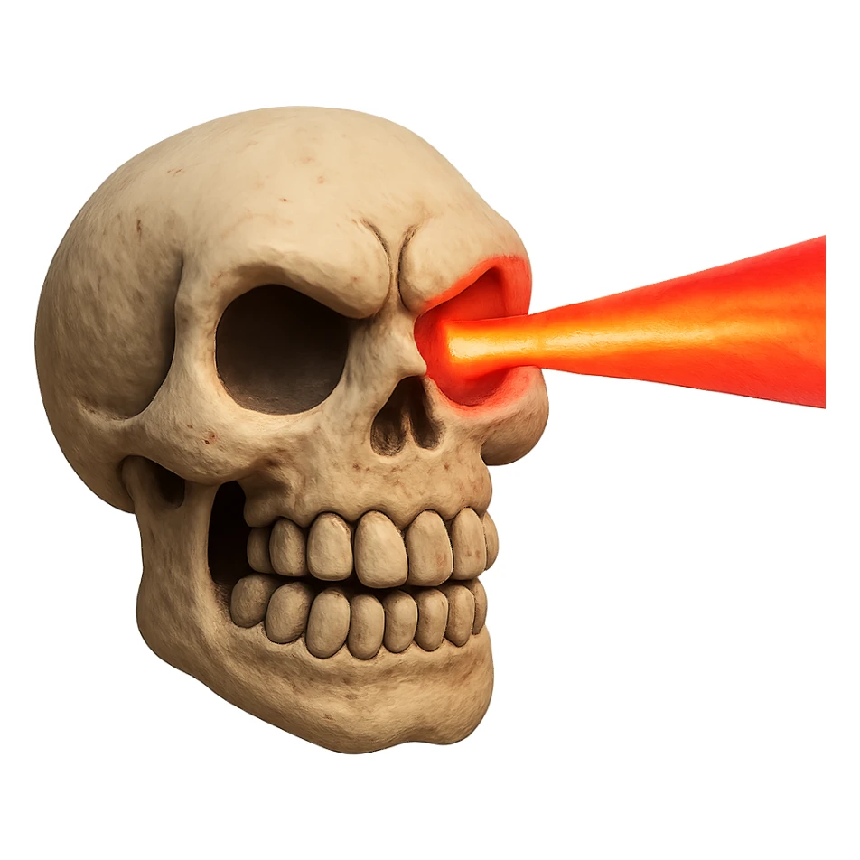 claymation style skull grinding teeth with laser from one eye sticker