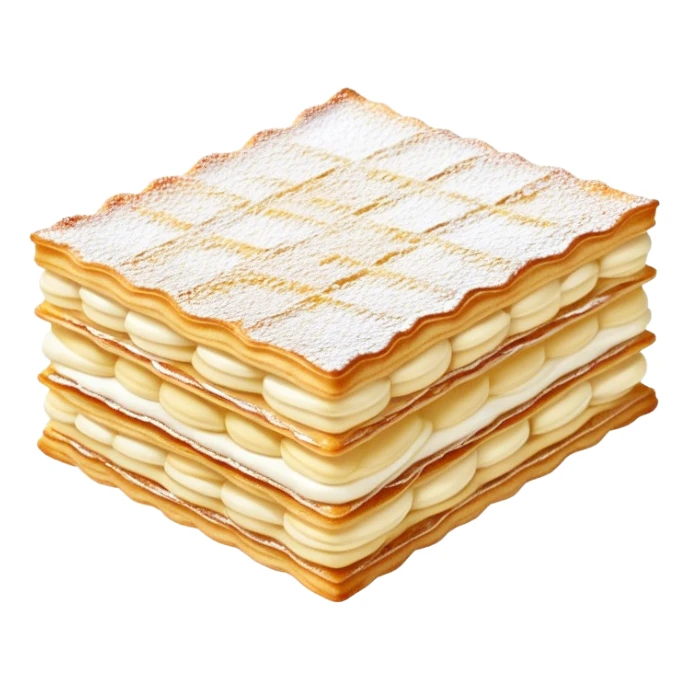 Cinematic delicate mille-feuille, thin crispy pastry layers filled with smooth vanilla cream, dusted with powdered sugar, elegant presentation, highly detailed and sophisticated. sticker