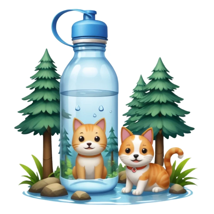 make a water bottle smile in a forests with a cat and dog  sticker