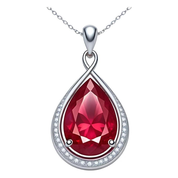 teardrop ruby pendant with silver chain, glowing cosmic embryo inside, swirling stardust and fiery trails, radiating ethereal magic sticker