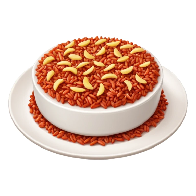 a white plate with red rice topping, one bite missing from the side sticker