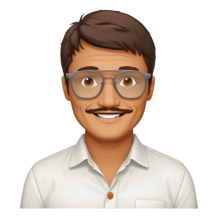 Pedro pascal looking really steamy and sexy smiling in an opened white button down shirt with shady orange glasses sticker