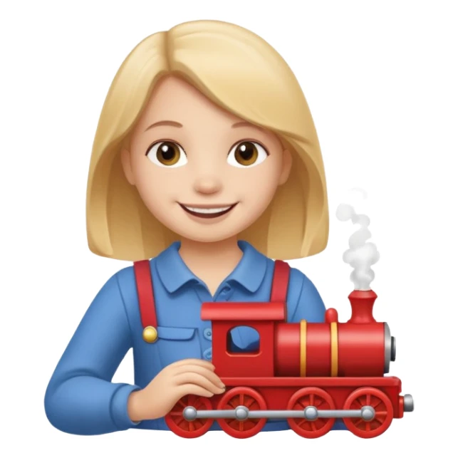 small girl holding small train toy sticker