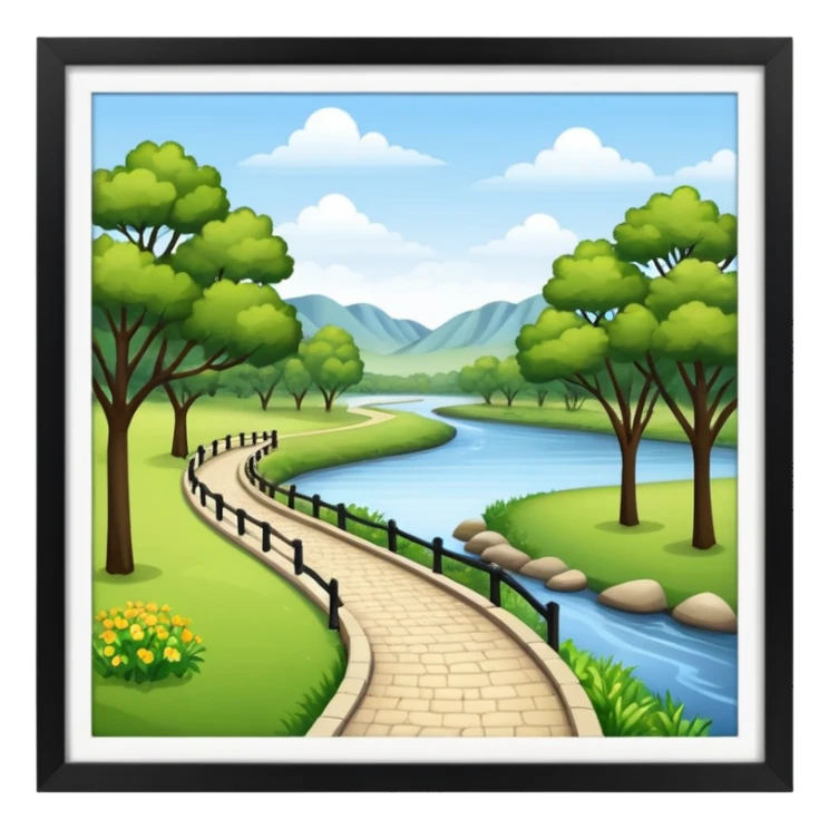 a park with a walking path along a river sticker