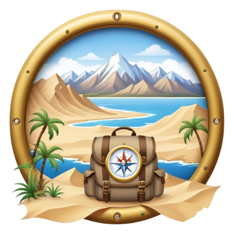 Icon for Expeditions: a compass, a map, a backpack and a rugged expedition jeep, set against a backdrop of snowy mountains, sand dunes and tropical islands. The icon should capture the spirit of adventure and exploration in diverse landscapes. Transparent background. sticker