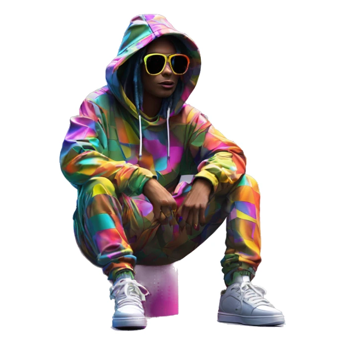 Multicoloured neon person smoking wearing patchwork patterned hippie groovy retro hoodie dancing hip hop bucket hat tropical Skater fashion aesthetic baggy clothes graphic t shirt 420 sticker