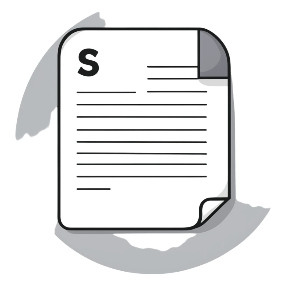 white document with rounded corners, gray plus sign in top left, three gray lines below as text, minimalist flat design sticker