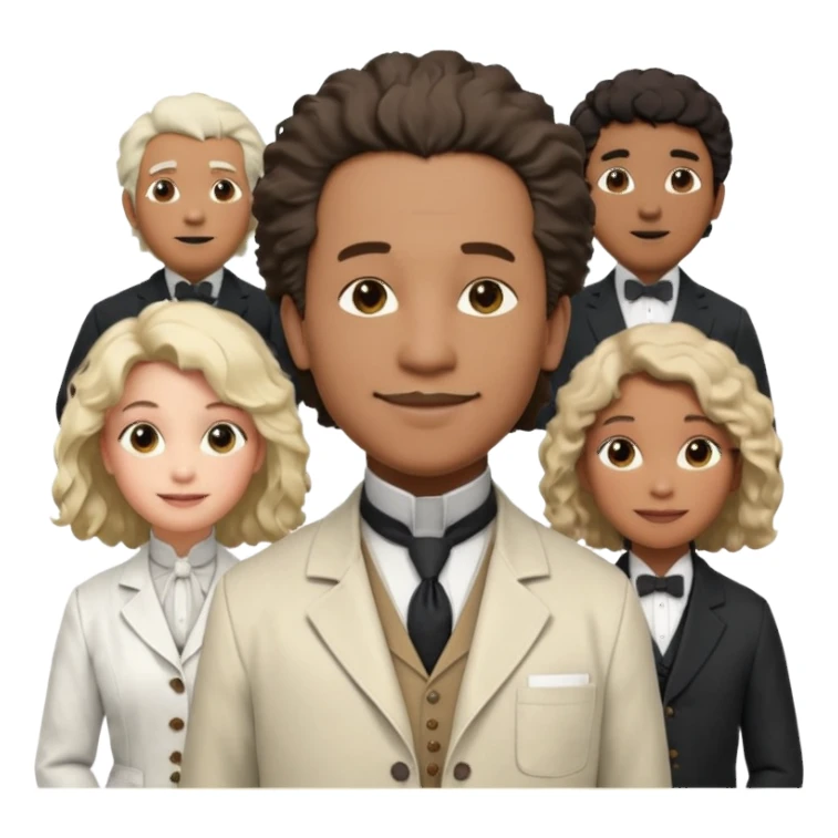 Generate in realistic style Franklin, Edison, Ford in the first row, Einstein, Jobs and Musk in the second behind them. png on transparent background sticker