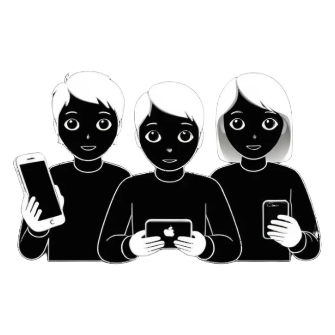 Minimalistic flat vector icon, iOS style, thin black contour on white background. Three small developer silhouettes around a smartphone with code brackets <>. Clean, no text, no shadows. sticker