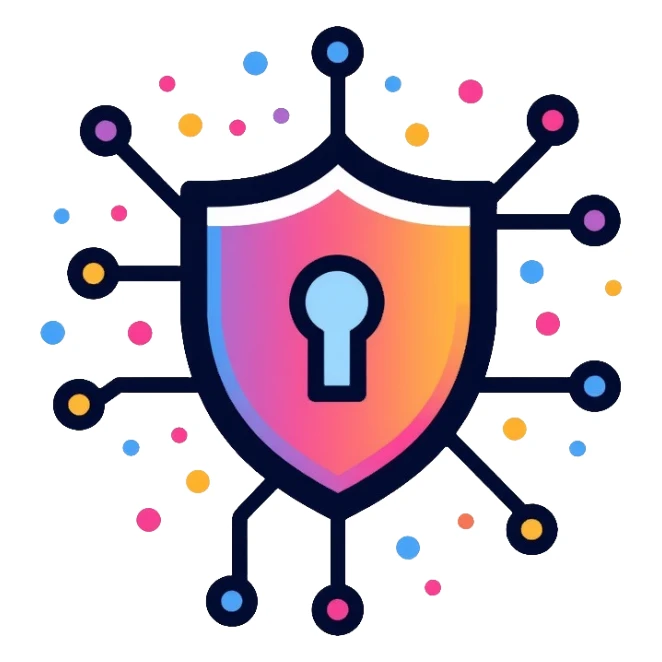 A secure network logo with shield and digital network nodes sticker