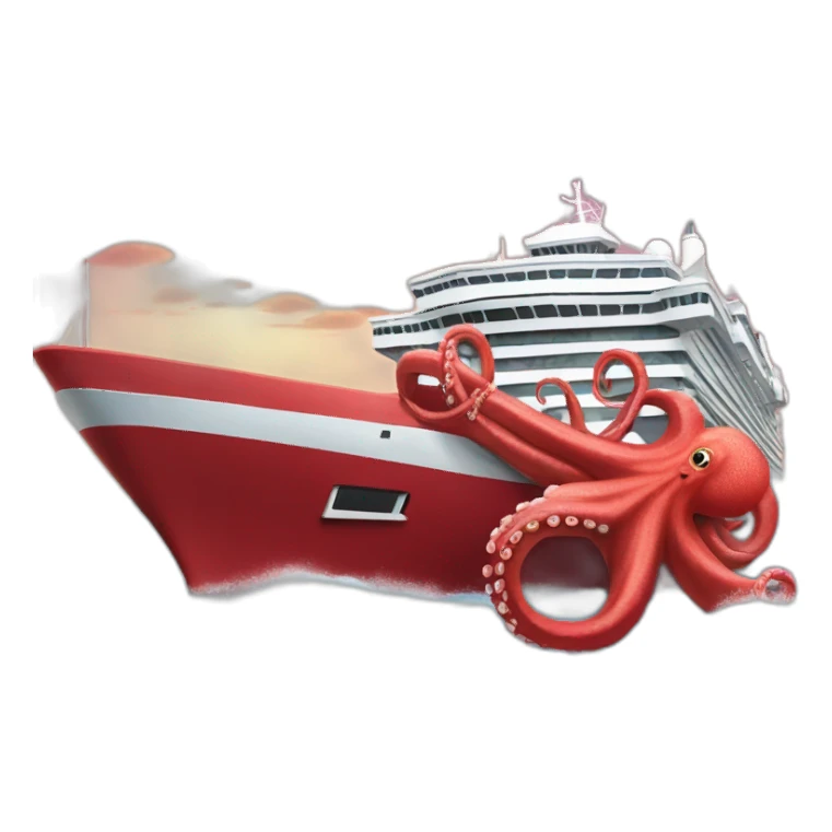 red cruise ship being enveloped by octopus sticker