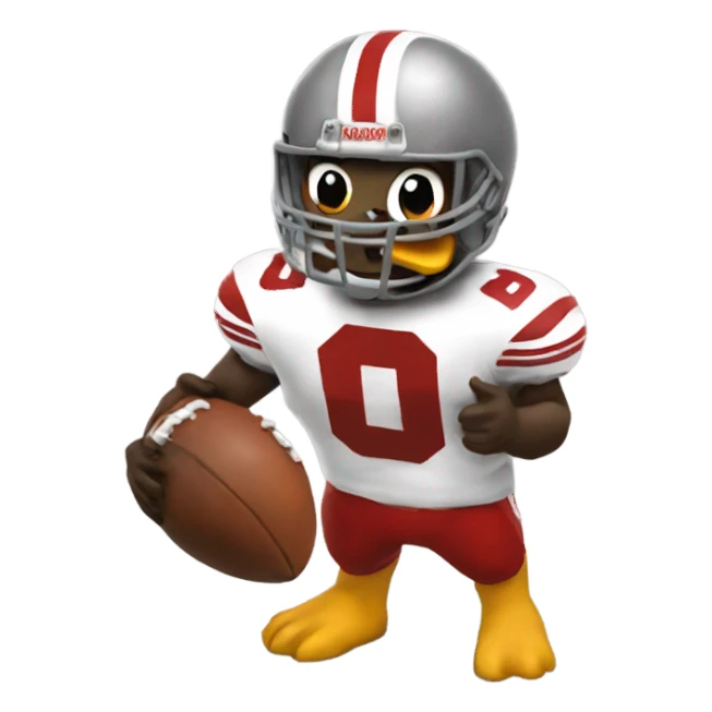 Brutus Buckeye eating a duck sticker