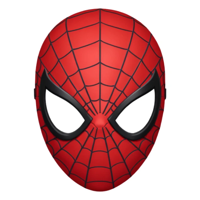 Minimal Spider-Man head emoji, black mask, simple red web pattern, large red eyes, clean, rounded, 3D shading, centered sticker