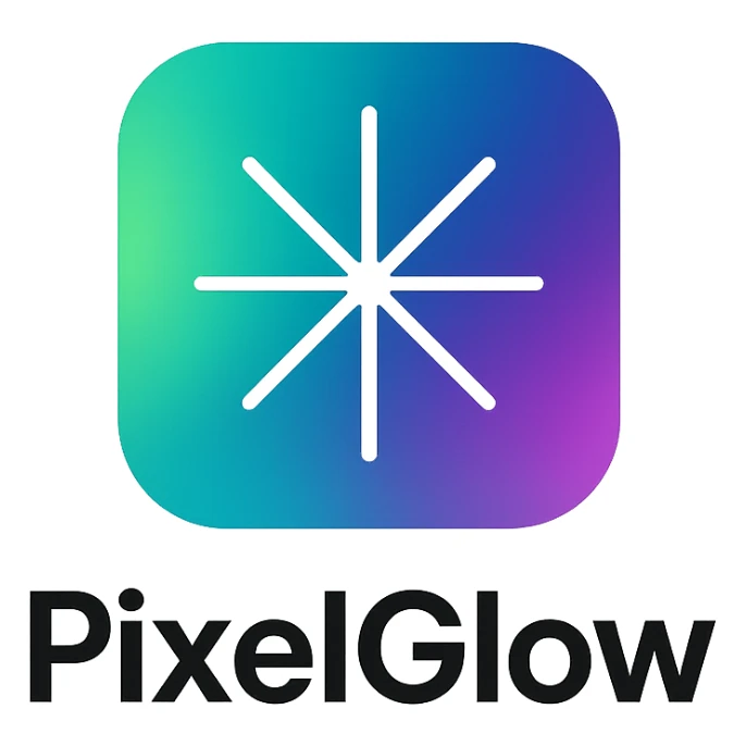modern minimal logo for PixelGlow, rounded square with an aurora-style gradient background, central white geometric starburst symbolizing creativity and magic, clean, professional, and tech-friendly sticker