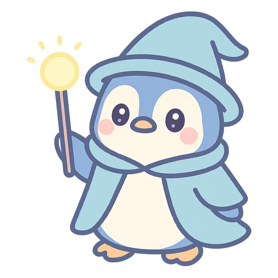 cartoon penguin wizard, blue cloak, glowing staff, friendly expression sticker