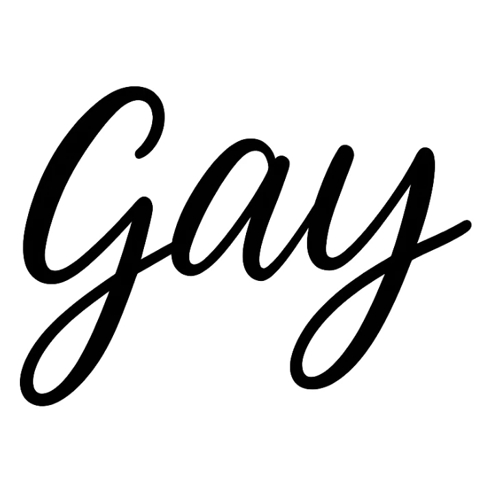 the word GAY in a handwritten black script sticker