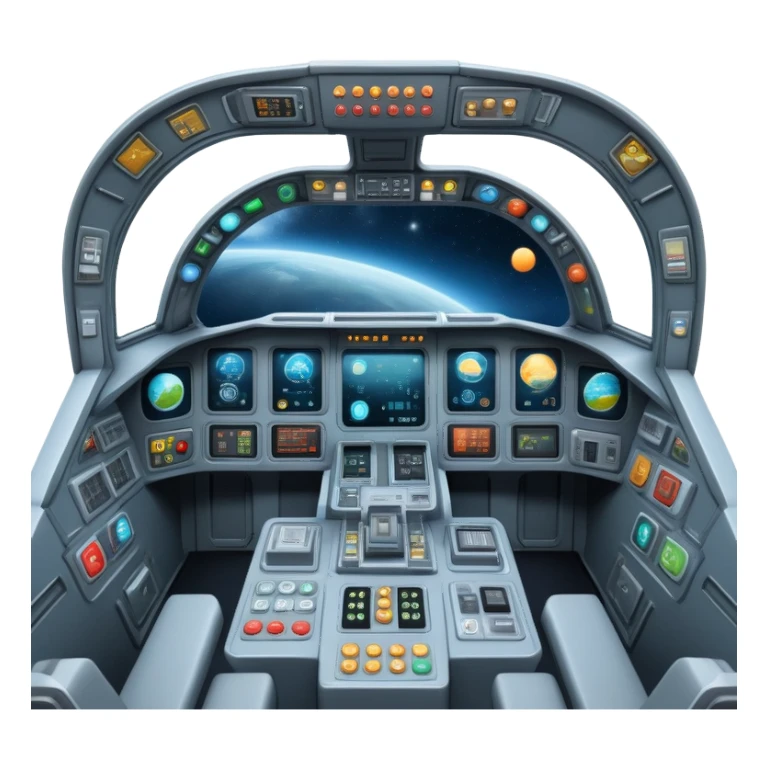 first person view inside spaceship cockpit with control panel and space visible through windshield sticker