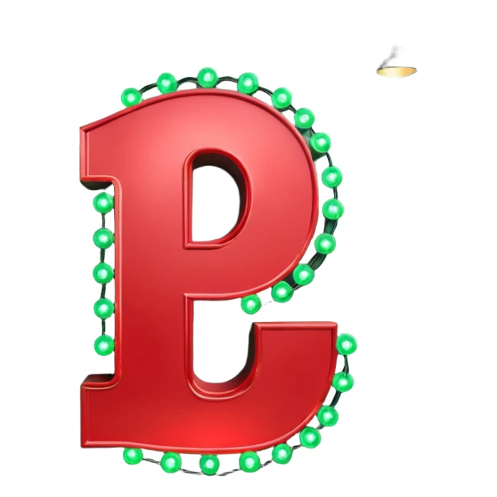 A 3D number 2 in a movie theater setting, shiny red surface; bright string lights on the number, the border is green with tiny string lights like stroke ; cinematic glow with subtle haze; glossy, premium Hollywood countdown look; centered composition. sticker