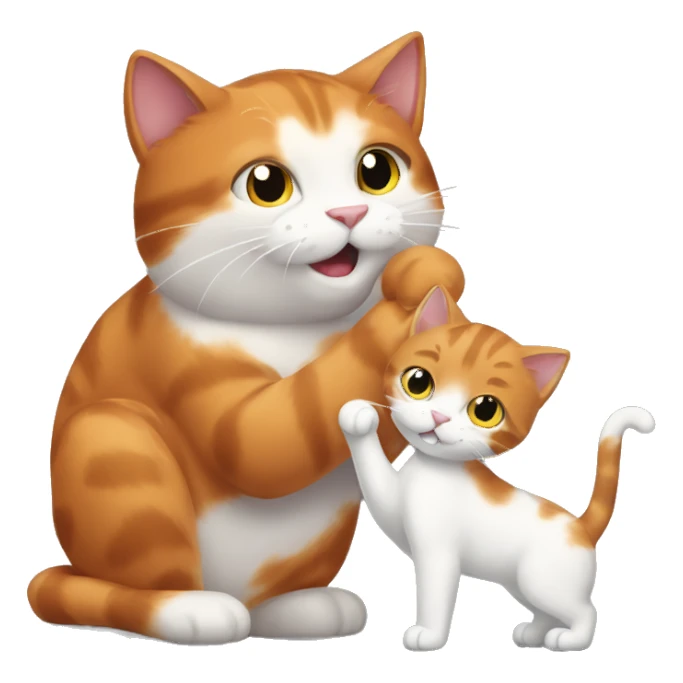 A big red cat playing with a small white-gray kitty sticker