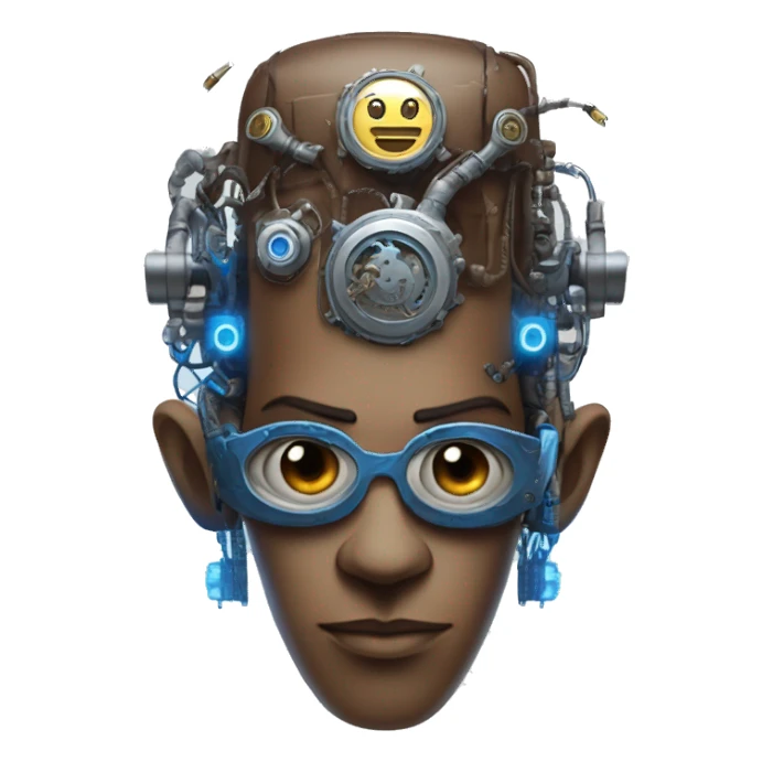 Brown cyborg head with blue Mohawk, blue beard, silver steampunk monocle goggles a smile and circuits sticker