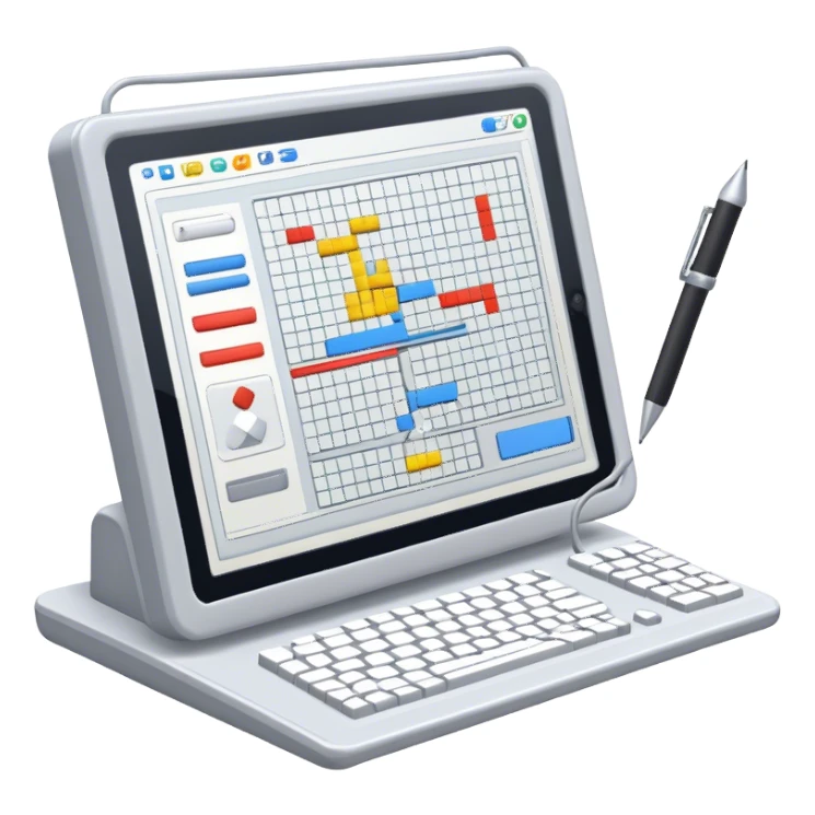 Emoji for Game Design: computer screen with Professional game interface, 3D models, pixel art, and design tools like grid, wireframe, and stylus. Symbolizes the technical and creative process of game development. Transparent background. sticker