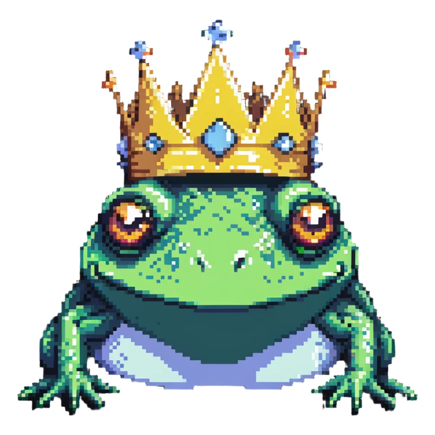 pixel art crowned frog close-up face with crown sticker