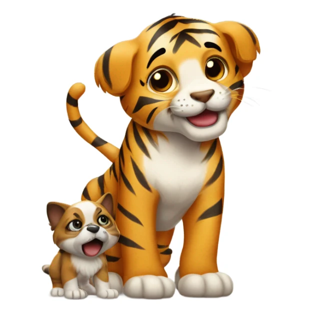 A Tiger surrenders to a puppy. sticker