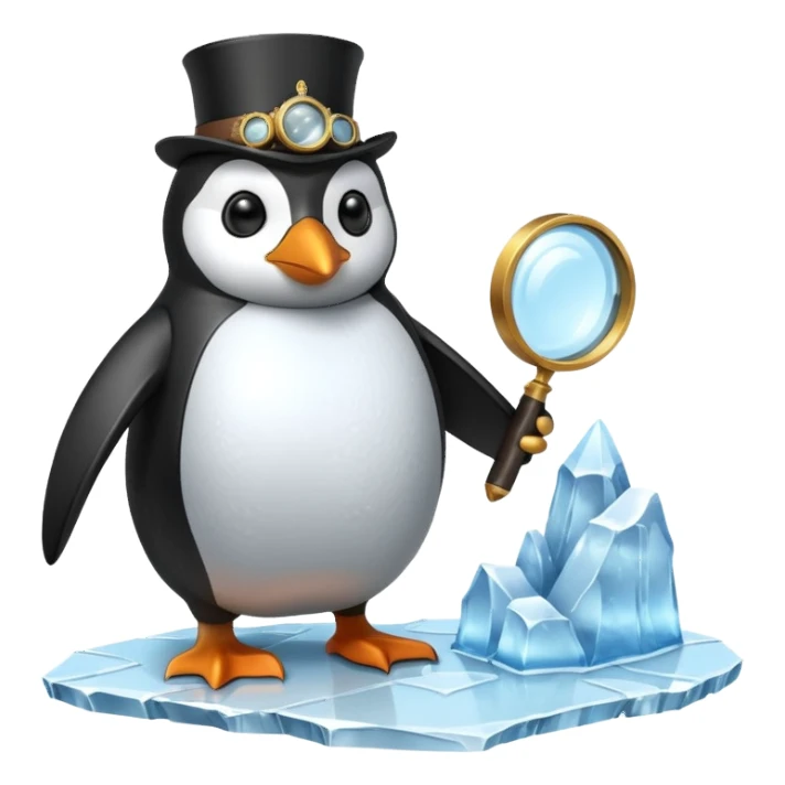 a steampunk engineer penguin analysing a matrix-like data stream descending from the sky, with a magnifying glass on top of an iceberg sticker