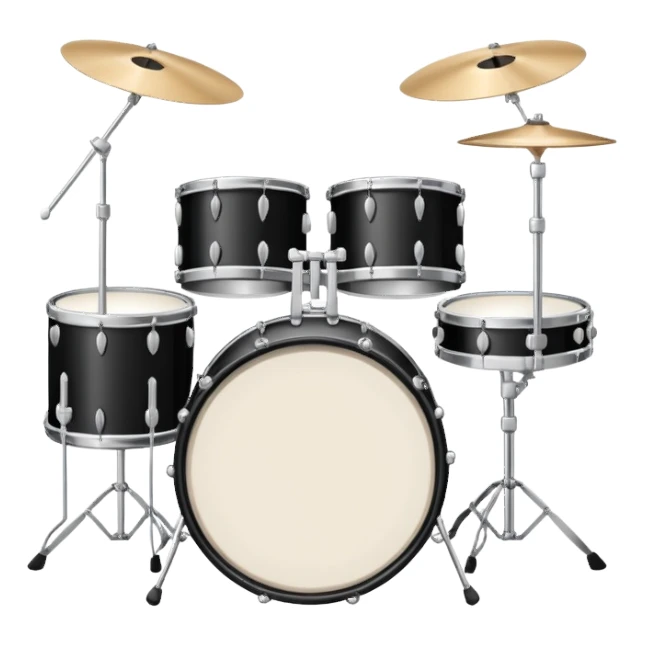 Minimalistic flat vector icon, iOS style, thin black contour on white background. Drum set with two drumsticks above. Clean, no text, no shadows sticker