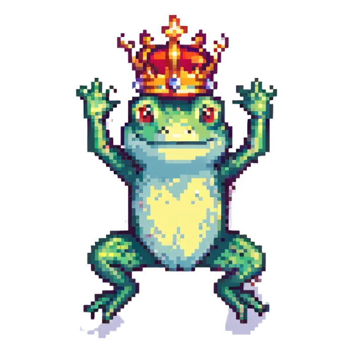 pixel art crowned frog, jumping with crown slightly tilted sticker