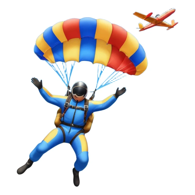 A skydiver free-falling through the sky, with a brightly colored parachute open above them. The background features a vast blue sky dotted with fluffy clouds, birds soaring nearby, and a plane flying off in the distance, emphasizing the thrill and freedom of the sport. sticker