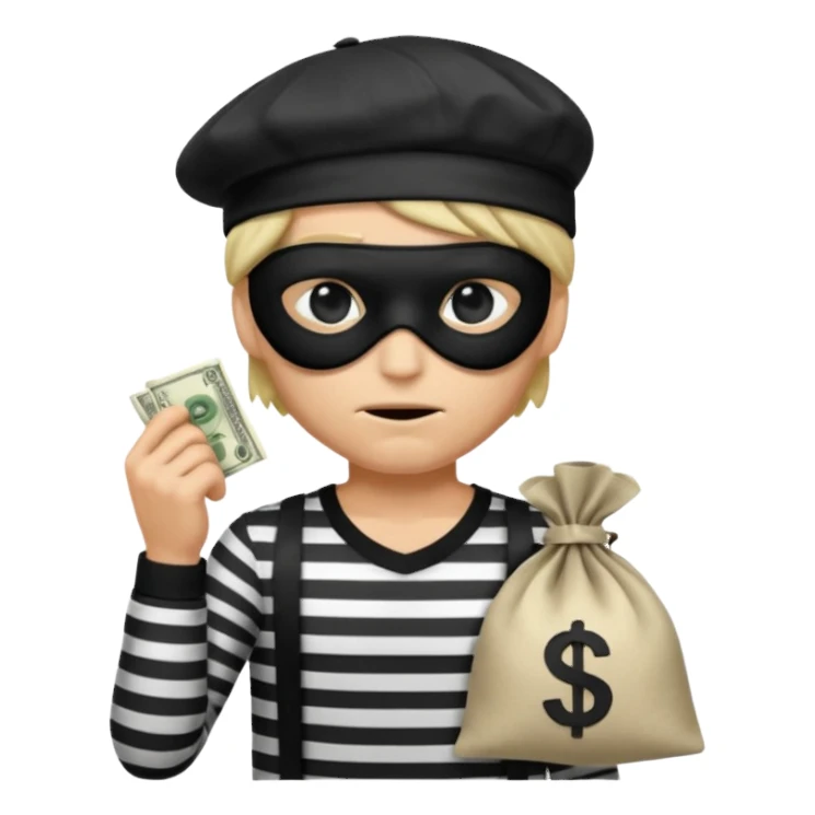 a short ios emoji-style portrait of a classic burglar, a black eye mask (looks like a blindfold) and a black-and-white striped shirt. emoji-like hair, black hat, ONE bag of money 💰 with a dollar sign in a right corner, evil expression WITHOUT a hand  sticker