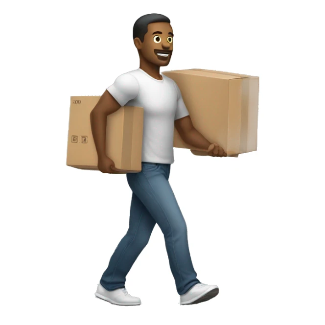 A man walking while carrying a few boxes and weights. More than he should be able to carry sticker