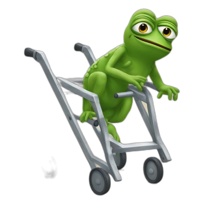 Pepe that has fallen over holding a walking frame sticker